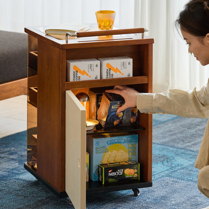 Vintage boxwood wheeled trolley side table moonrise in panoramic view.