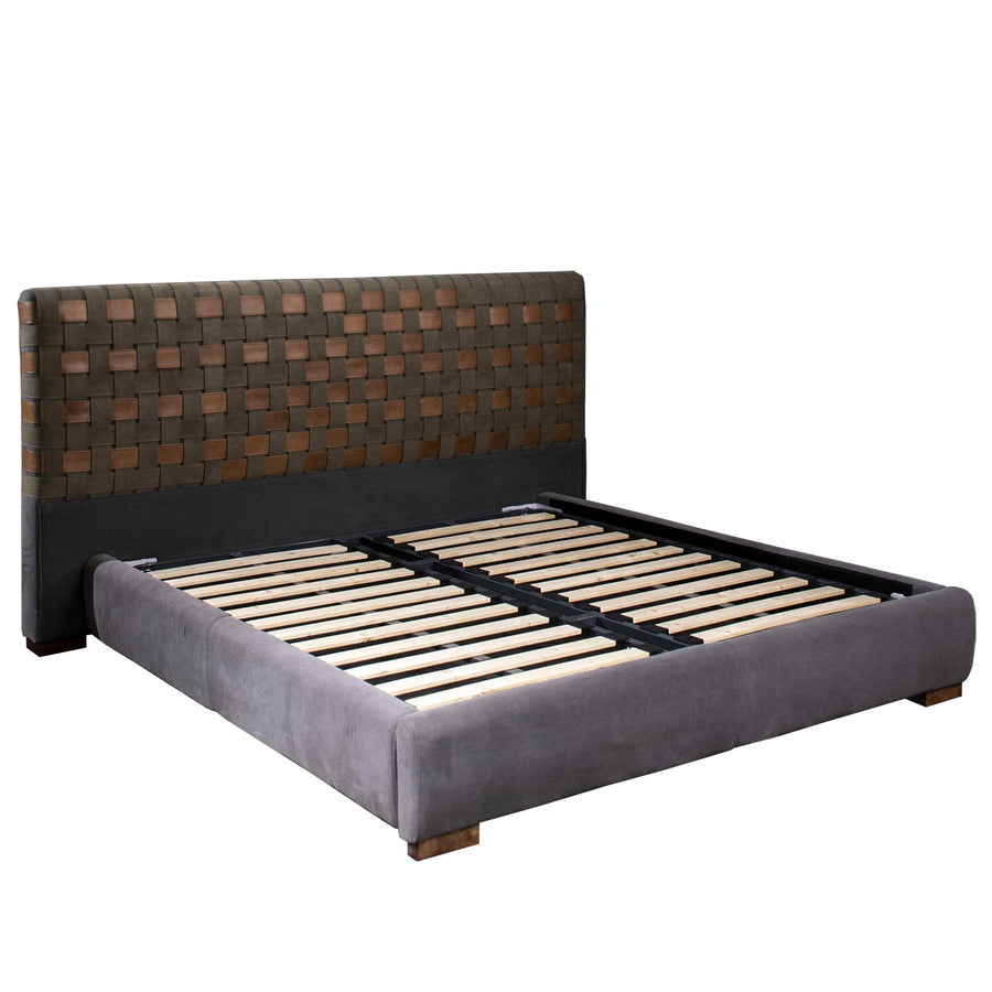 Vintage canvas and genuine leather bed frame canvasgrey in white background.