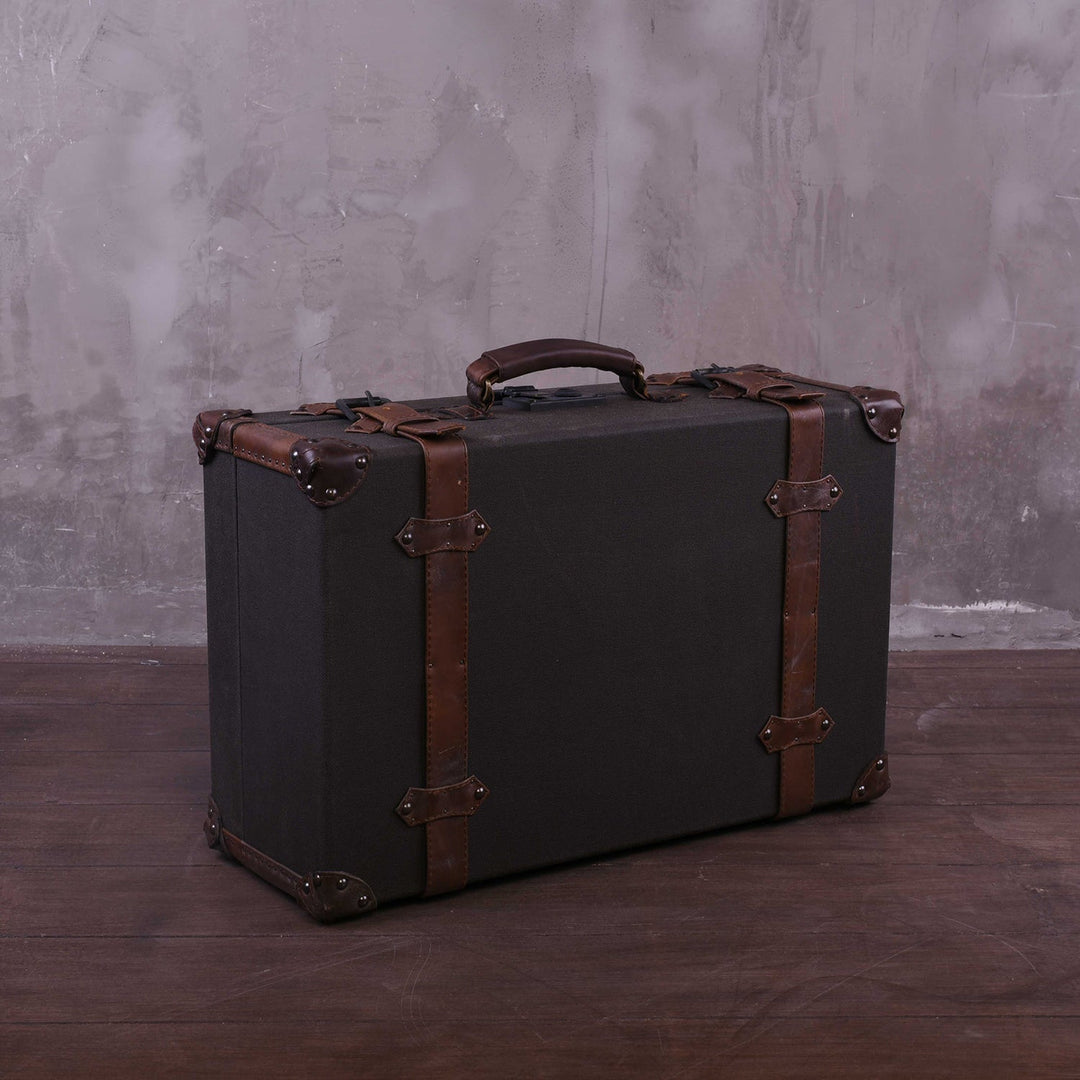 Vintage canvas and genuine leather side table suitcase trunk 1920s environmental situation.