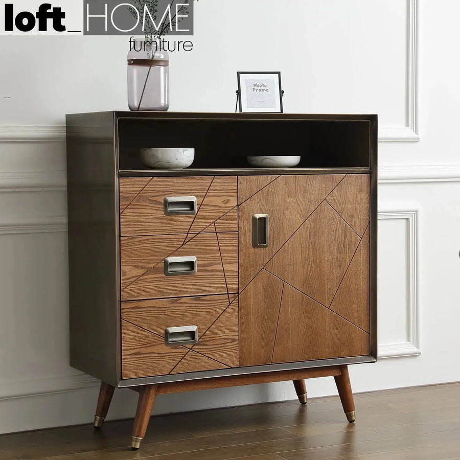Vintage canvas and wooden storage cabinet vintage brass primary product view.