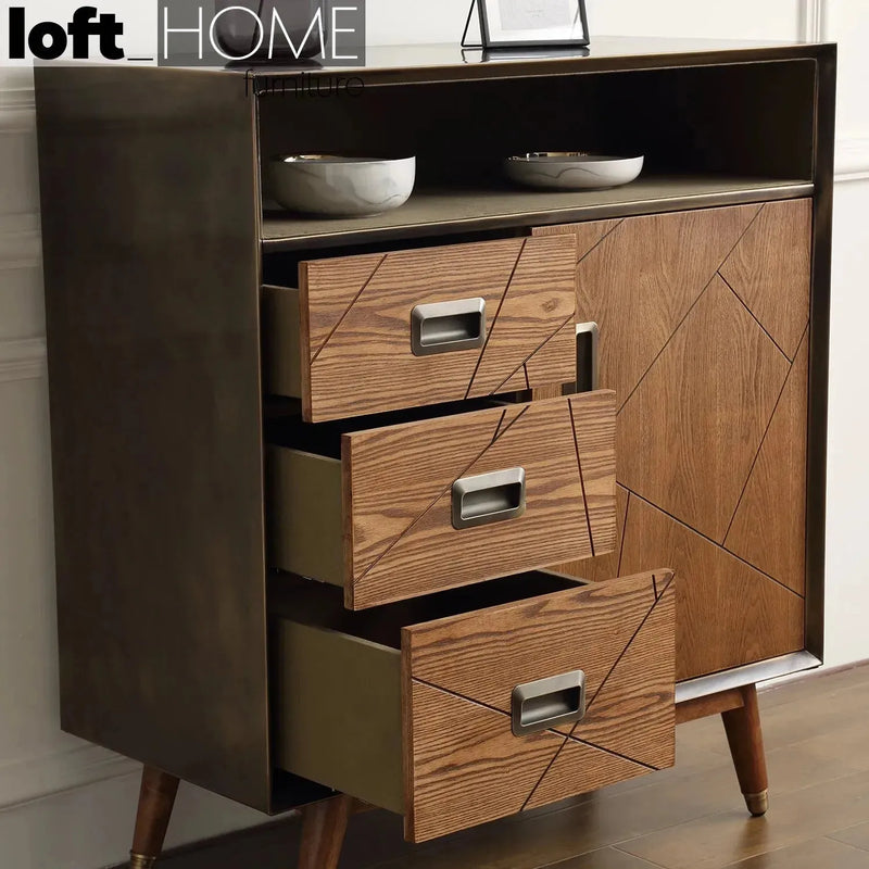 Vintage canvas and wooden storage cabinet vintage brass material variants.