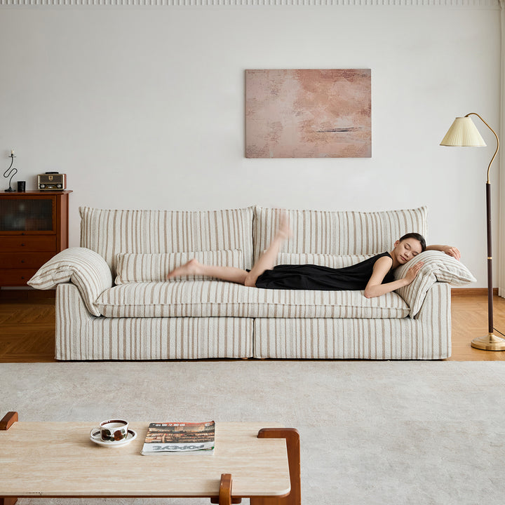 Vintage chenille velvet fabric 3 seater sofa koala in close up details.