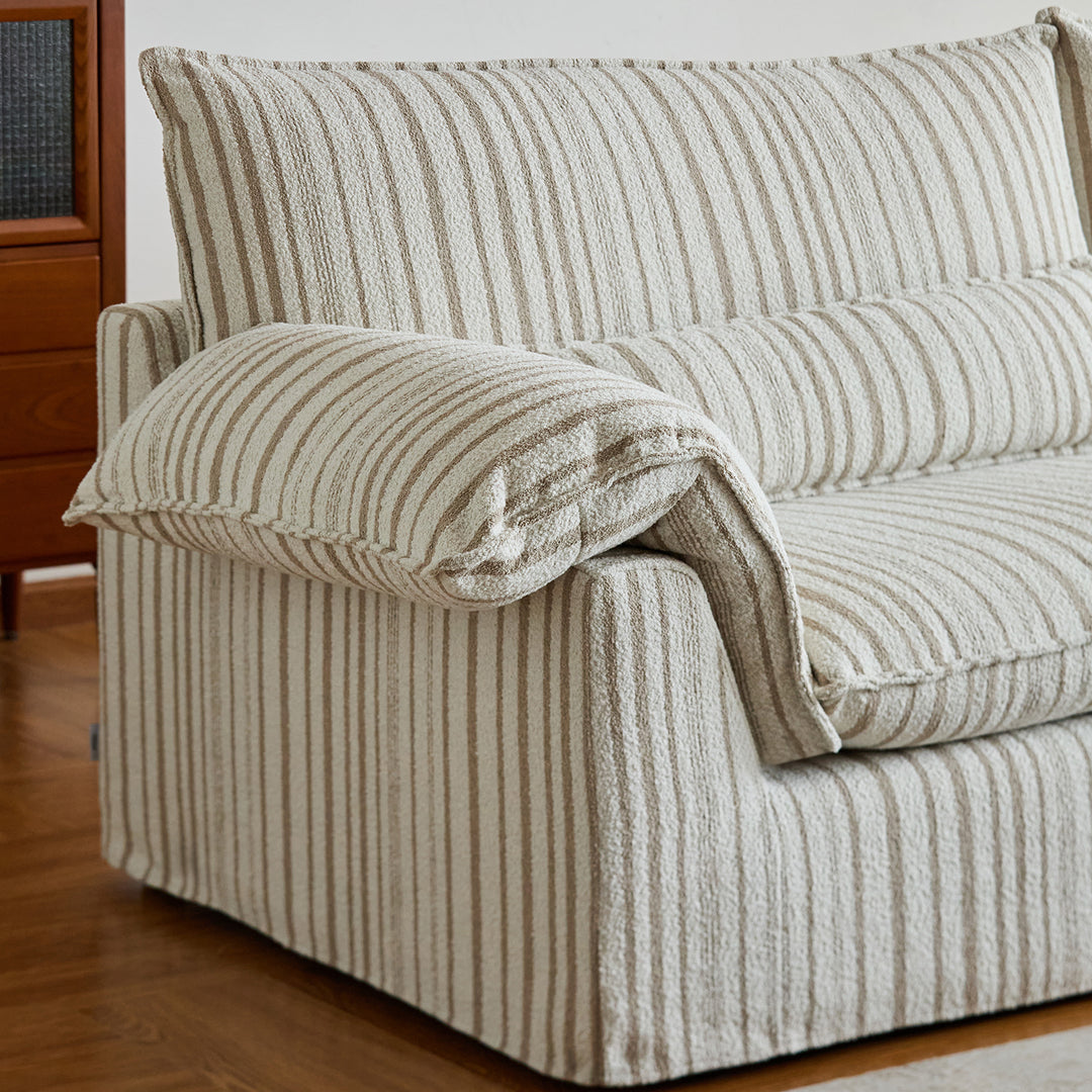 Vintage chenille velvet fabric 3 seater sofa koala in panoramic view.