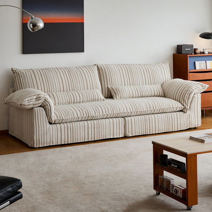 Vintage chenille velvet fabric 4 seater sofa koala in panoramic view.