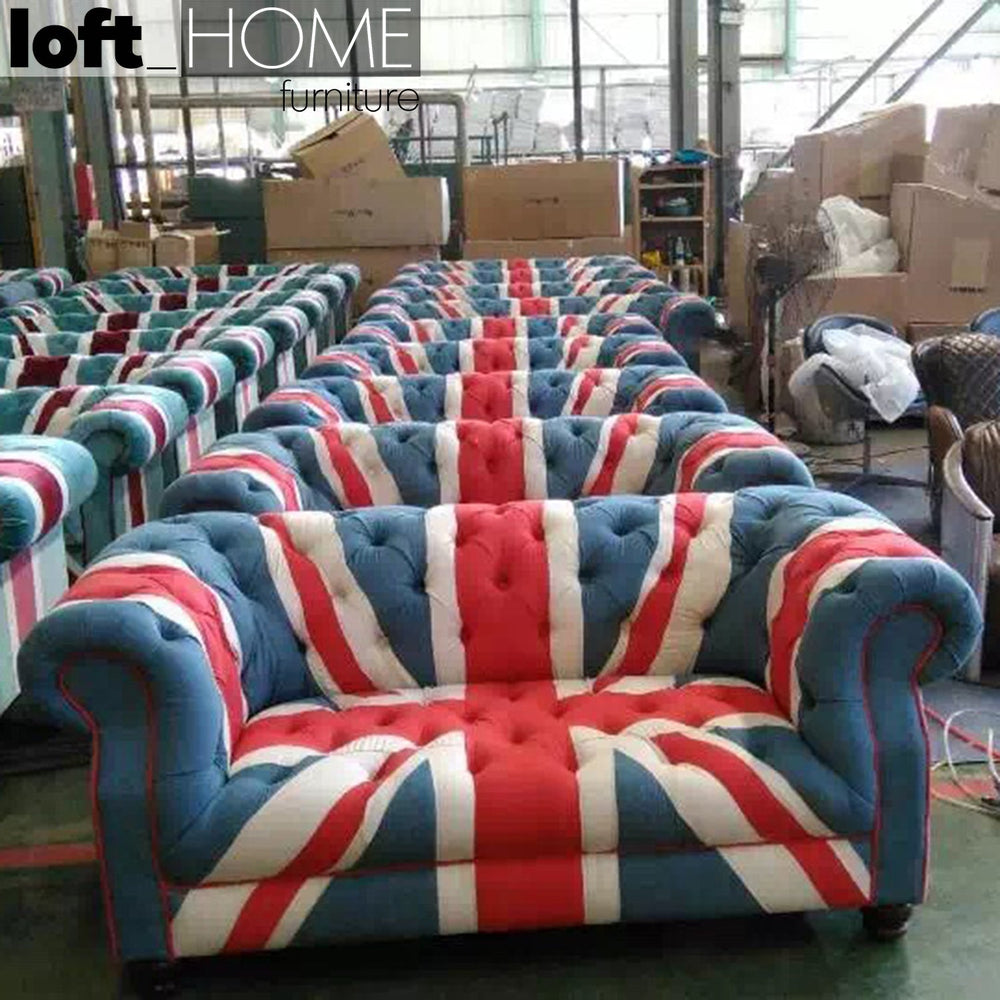 Vintage denim fabric 2 seater sofa union jack chesterfield primary product view.