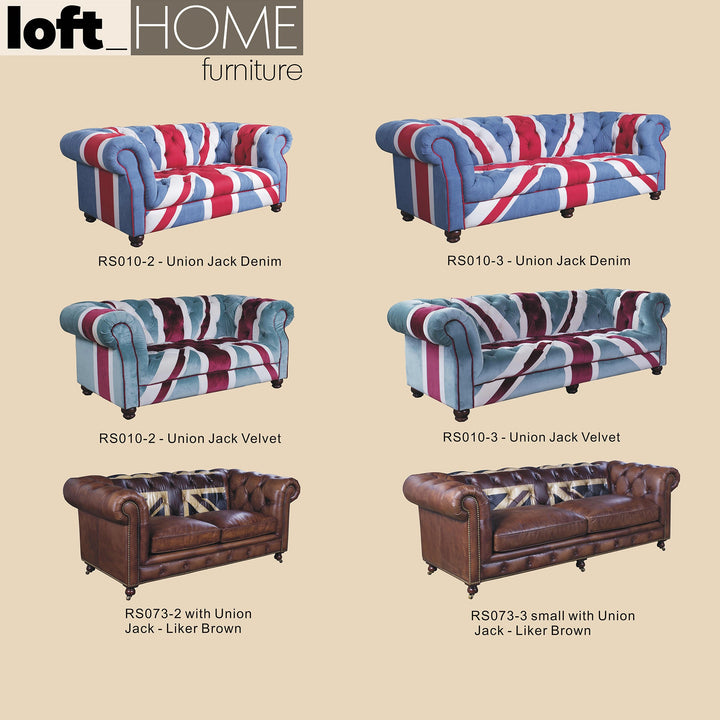 Vintage denim fabric 2 seater sofa union jack chesterfield color swatches.