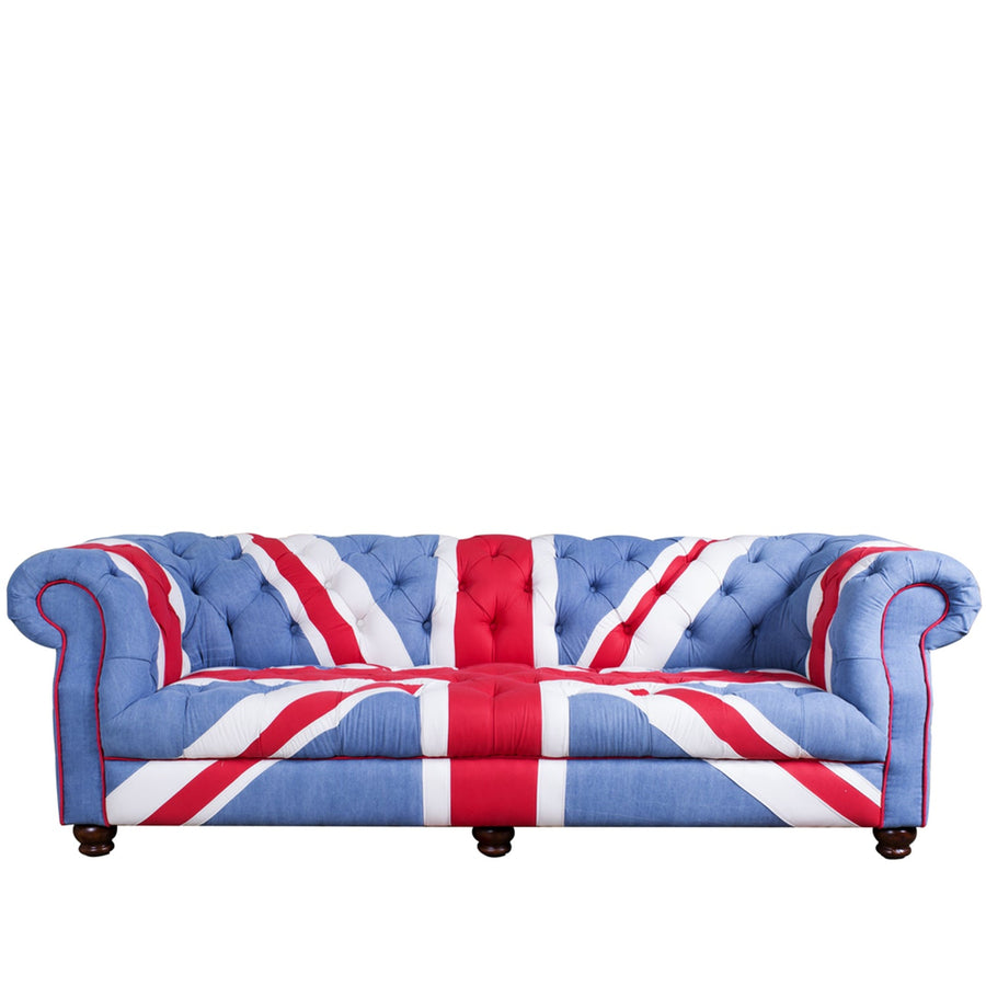Vintage denim fabric 3 seater sofa union jack chesterfield in white background.