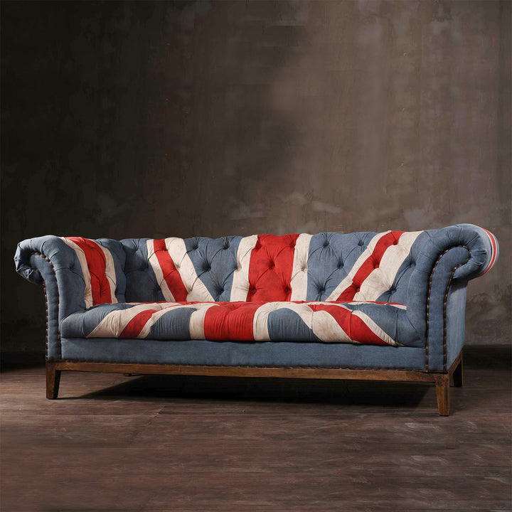 Vintage fabric 2 seater sofa union jack color swatches.