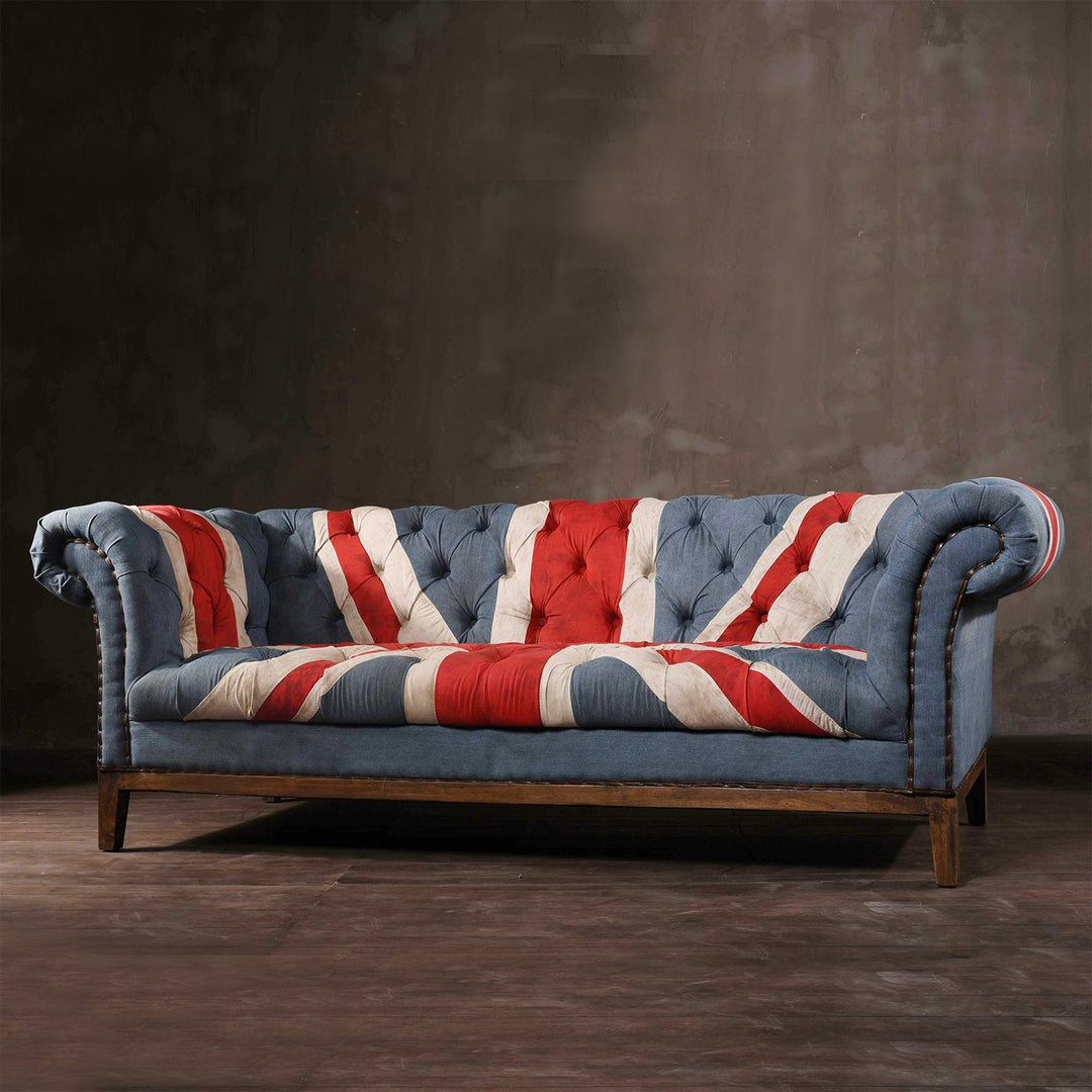 Vintage fabric 3 seater sofa union jack color swatches.
