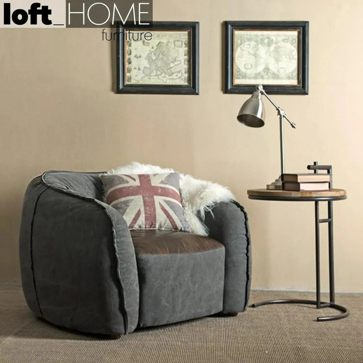 Vintage fabric and genuine leather 1 seater sofa bread in panoramic view.