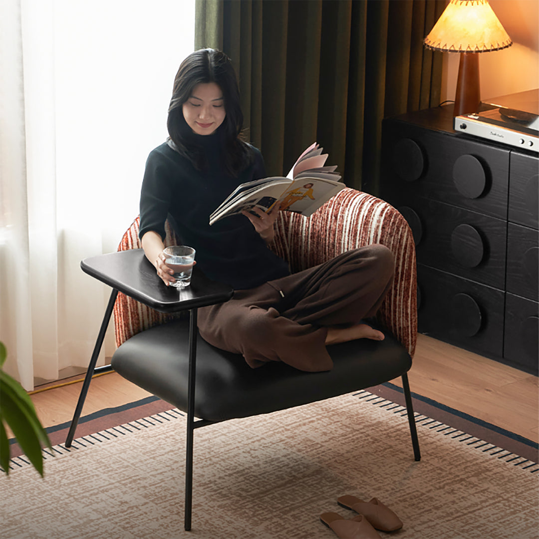 Vintage fabric microfiber leather 1 seater sofa with shelf ravon in close up details.