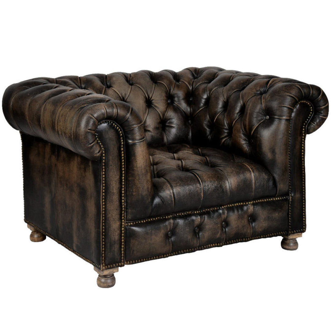 Vintage genuine leather 1 seater sofa chesterfield button in real life style.