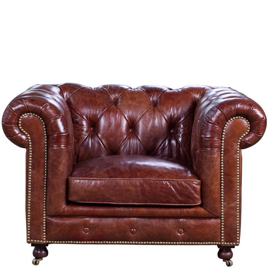 Vintage genuine leather 1 seater sofa chesterfield classic in white background.