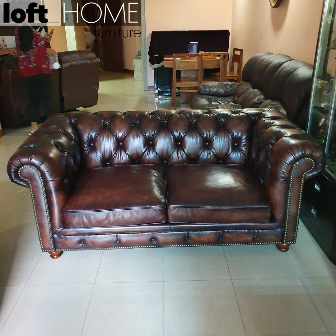 Vintage genuine leather 2 seater sofa chesterfield classic with context.