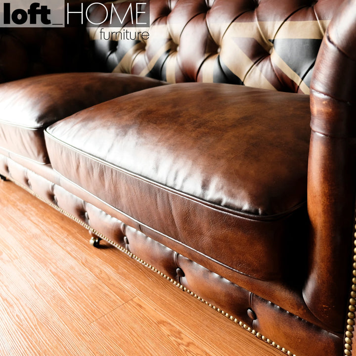 Vintage genuine leather 2 seater sofa chesterfield union jack conceptual design.