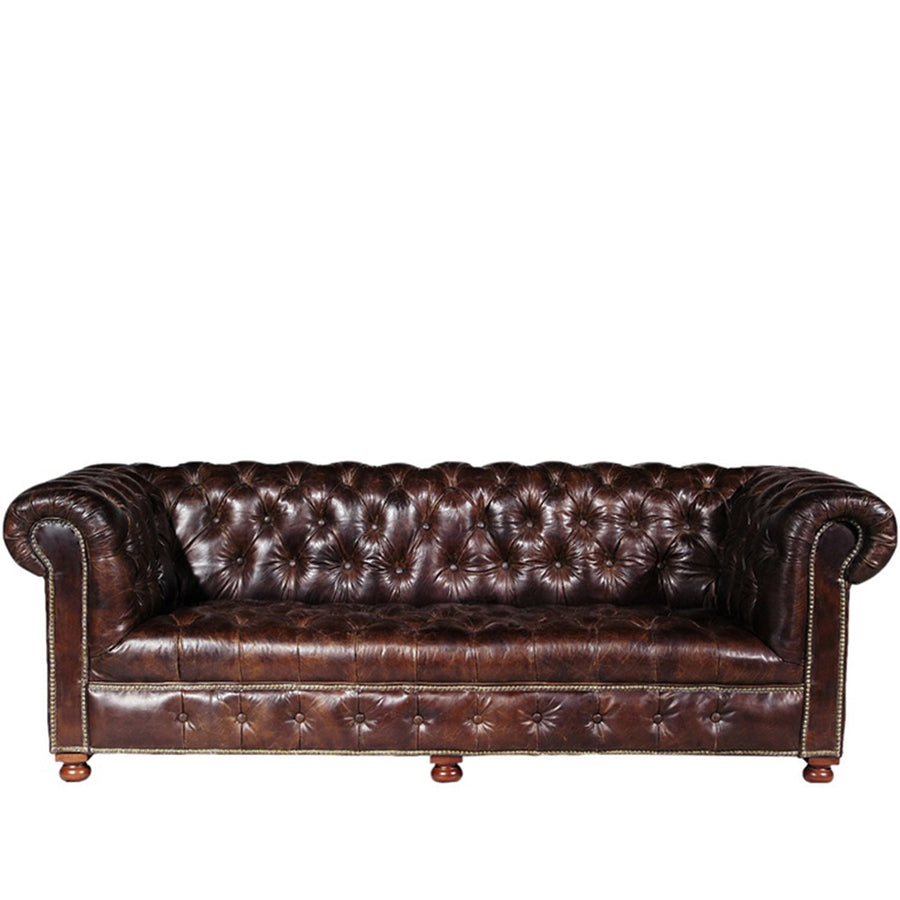 Vintage genuine leather 3 seater sofa chesterfield button in white background.