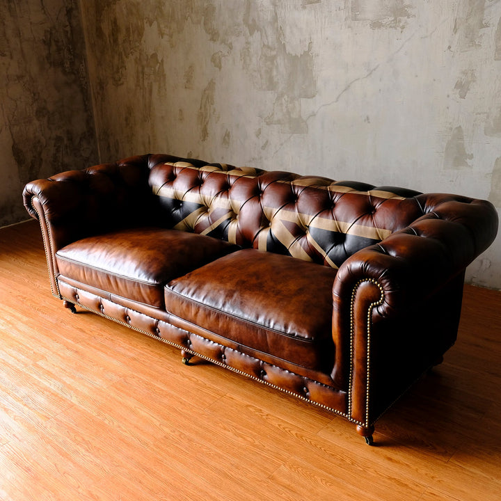Vintage genuine leather 3 seater sofa chesterfield union jack situational feels.