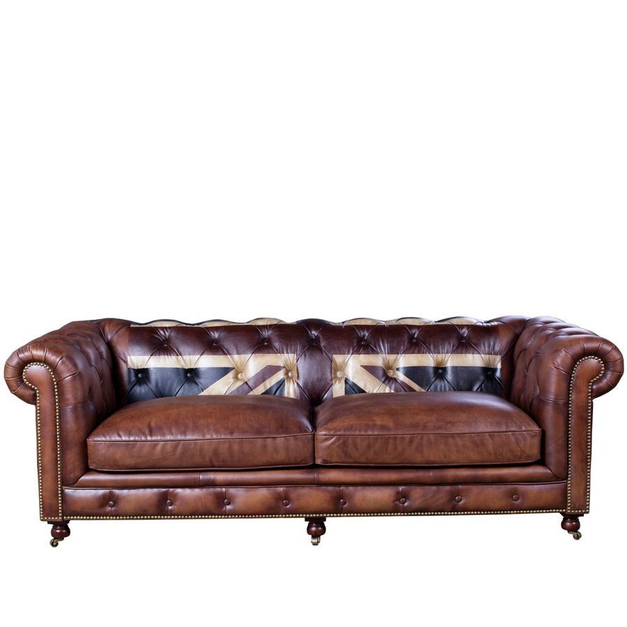 Vintage genuine leather 3 seater sofa chesterfield union jack in white background.