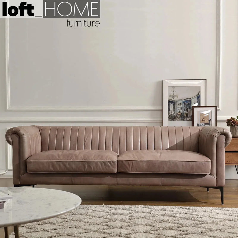Vintage genuine leather 3 seater sofa elis in details.