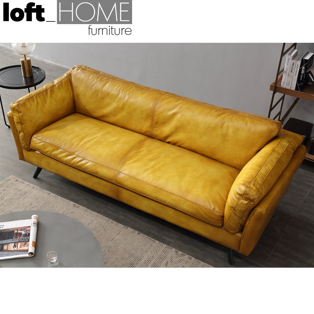 Vintage genuine leather 3 seater sofa magina in close up details.