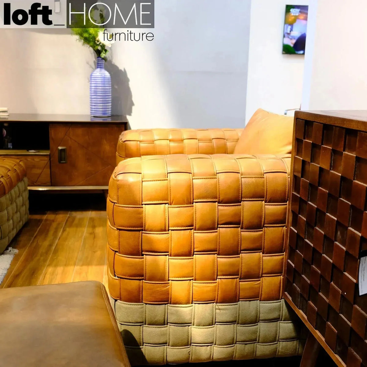 Vintage genuine leather 3 seater sofa martin in panoramic view.