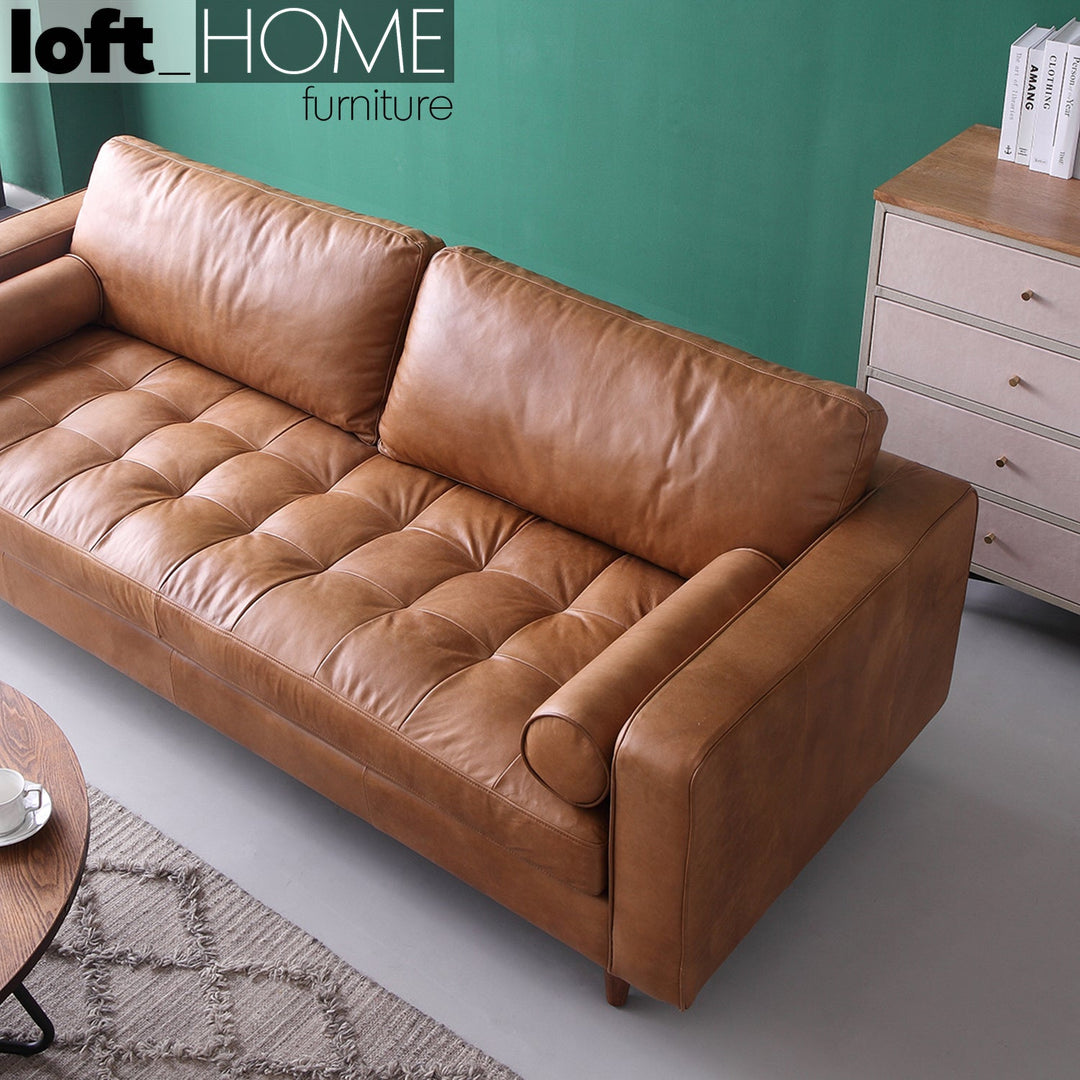Vintage genuine leather 3 seater sofa olga in details.
