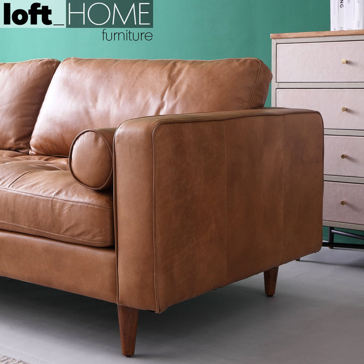 Vintage genuine leather 3 seater sofa olga in close up details.