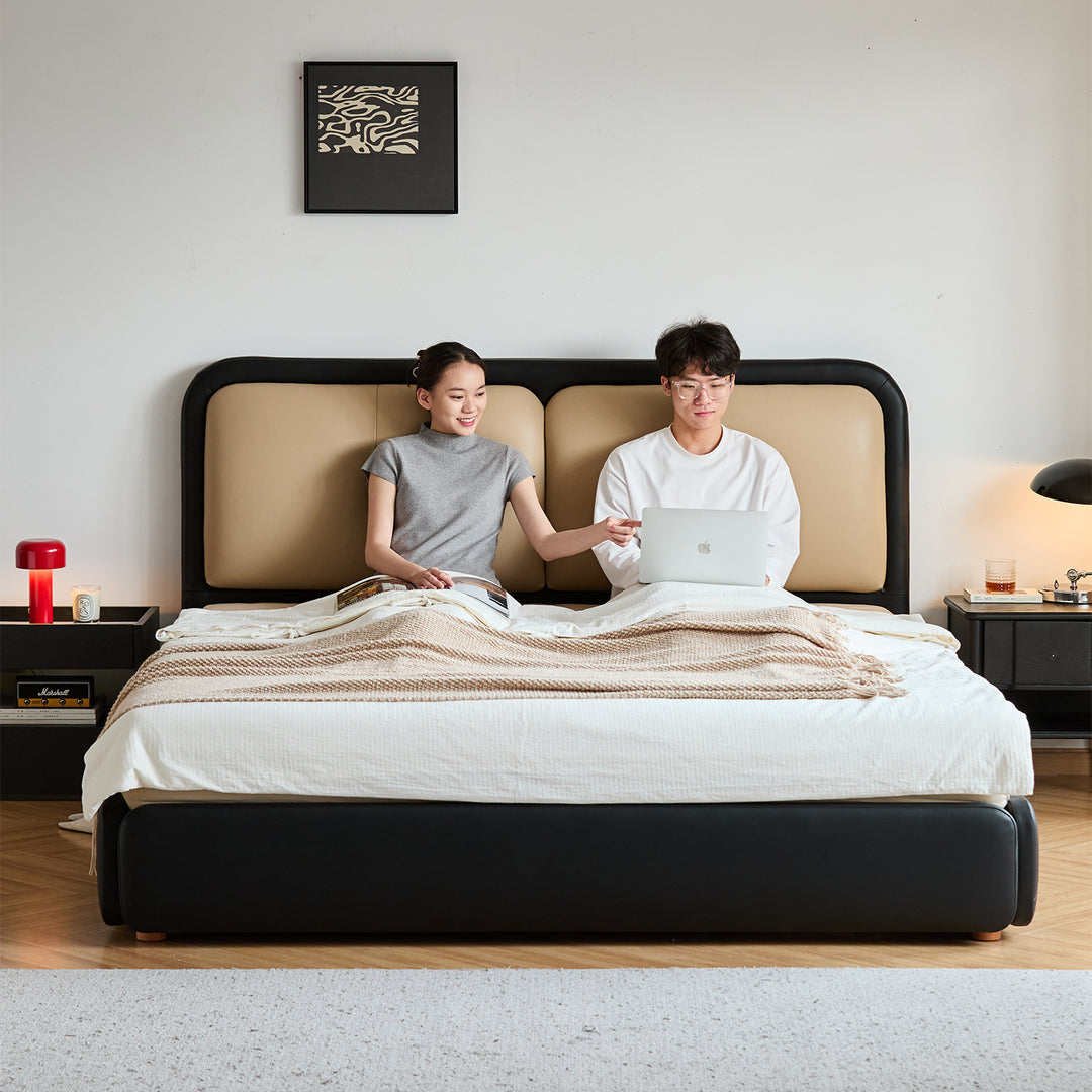 Vintage genuine leather bed cove with context.