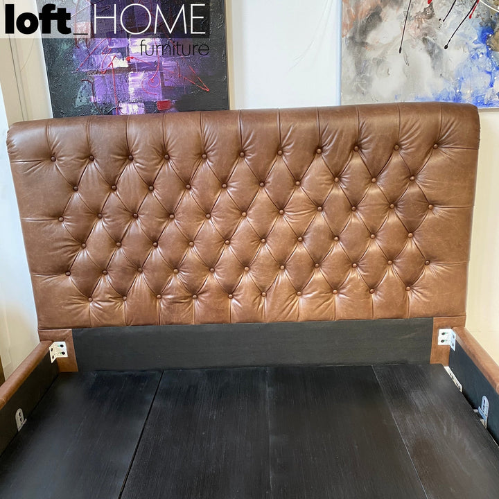 Vintage genuine leather bed frame chesterfield in details.