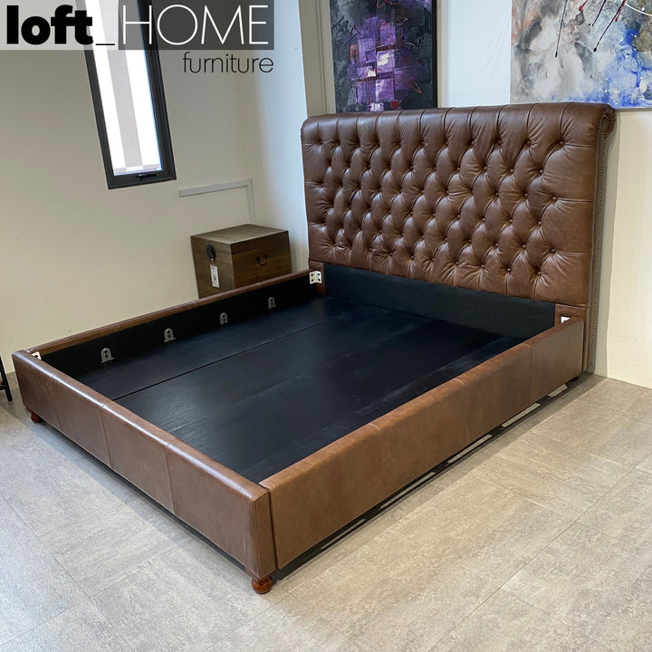 Vintage genuine leather bed frame chesterfield in real life style.