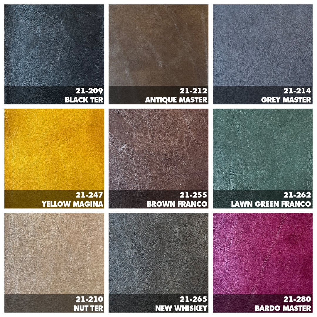 Vintage genuine leather bed frame tuxedo color swatches.