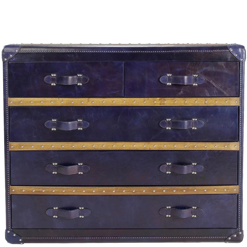 Vintage genuine leather drawer cabinet ox trunk l in white background.