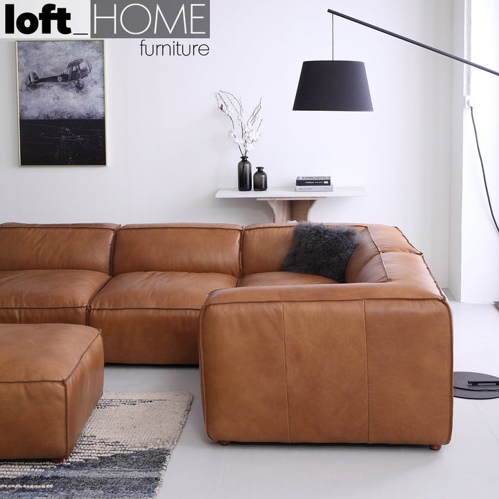 Vintage genuine leather l shape sectional sofa armbread 3+l in panoramic view.