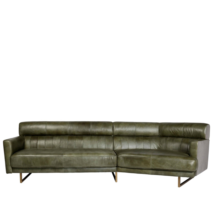 Vintage genuine leather l shape sofa green franco in white background.