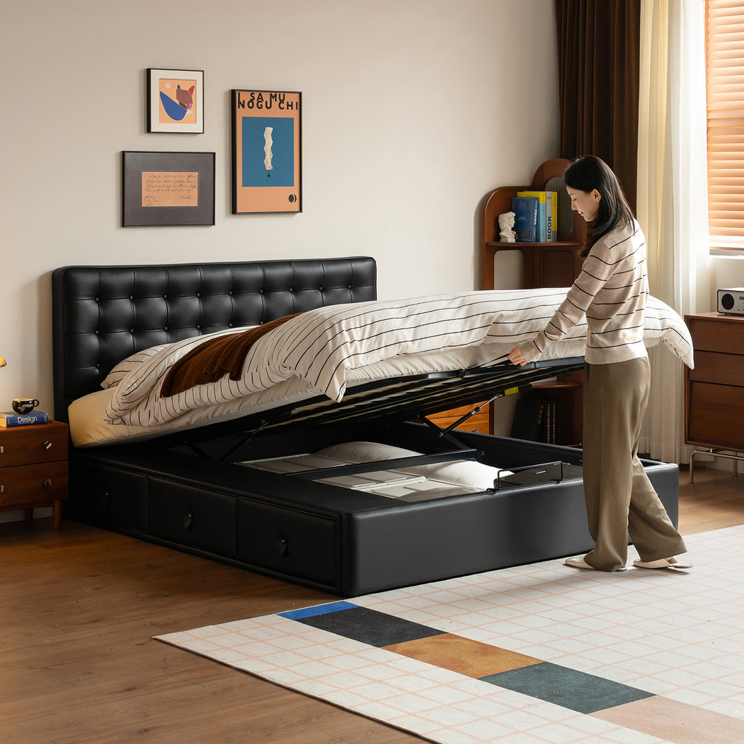 Vintage Genuine Leather Storage Bed WAFFLE