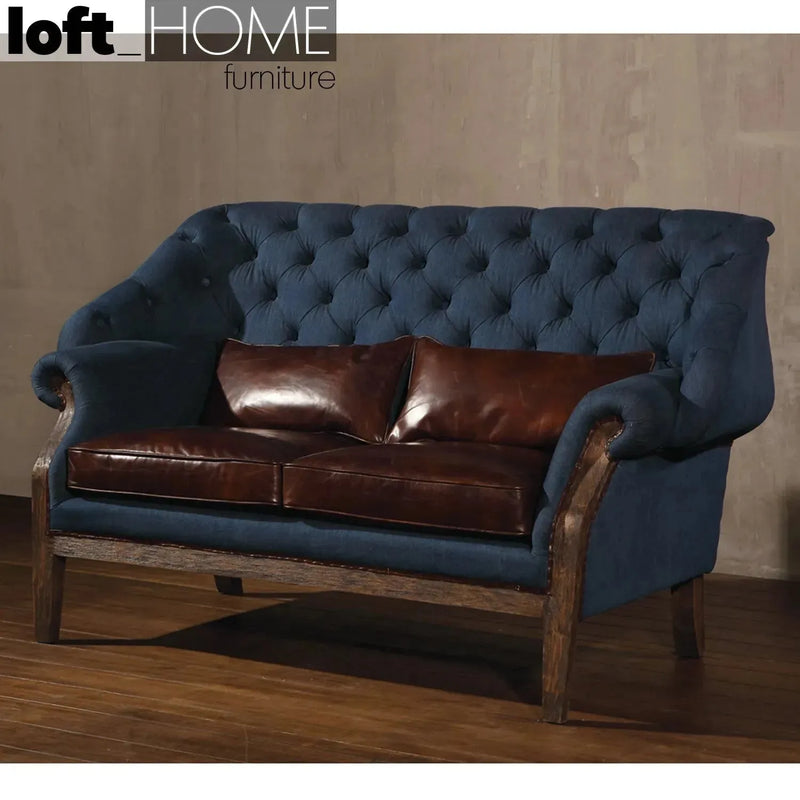 Vintage jeans fabric and genuine leather 2 seater sofa cowboy in details.