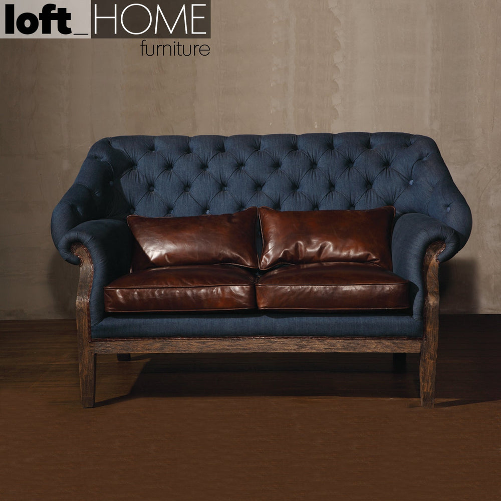 Vintage jeans fabric and genuine leather 2 seater sofa cowboy primary product view.