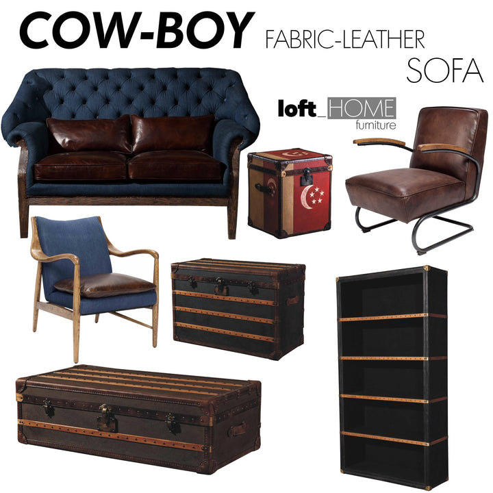 Vintage jeans fabric and genuine leather 2 seater sofa cowboy with context.