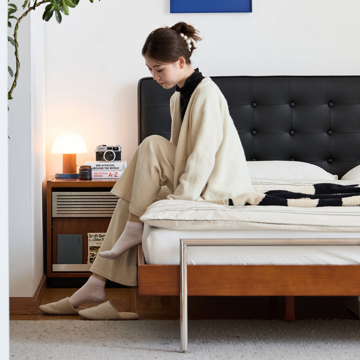 Vintage microfiber leather bed woyo in panoramic view.
