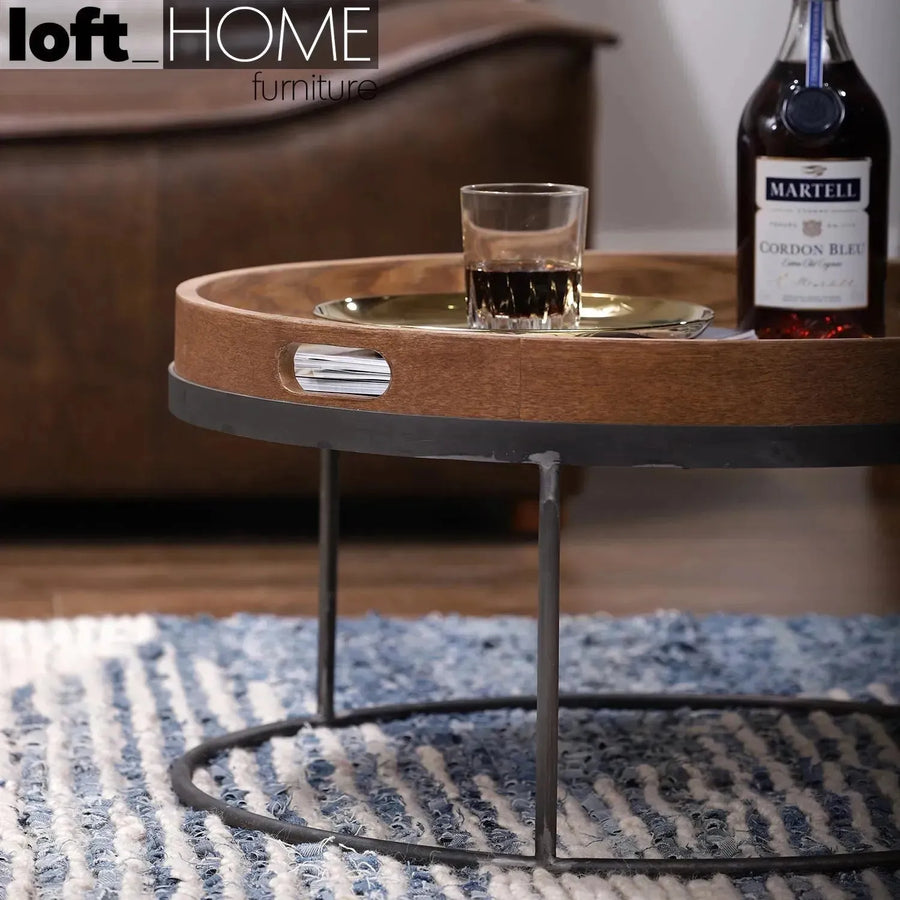 Industrial oak wood coffee table art in close up details.