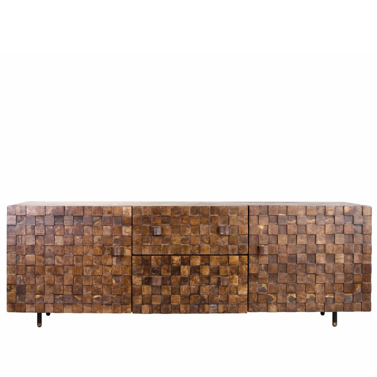Vintage poplar wood tv console leon in white background.