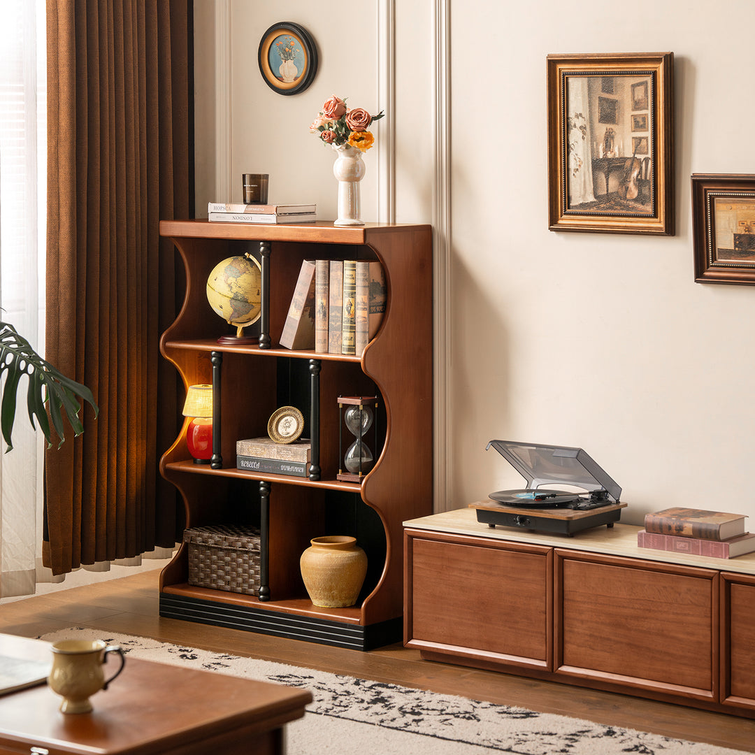 Vintage rubber wood bookshelf hadid with context.
