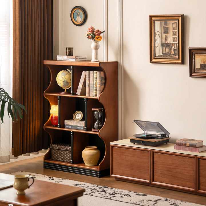 Vintage rubber wood bookshelf hadid with context.