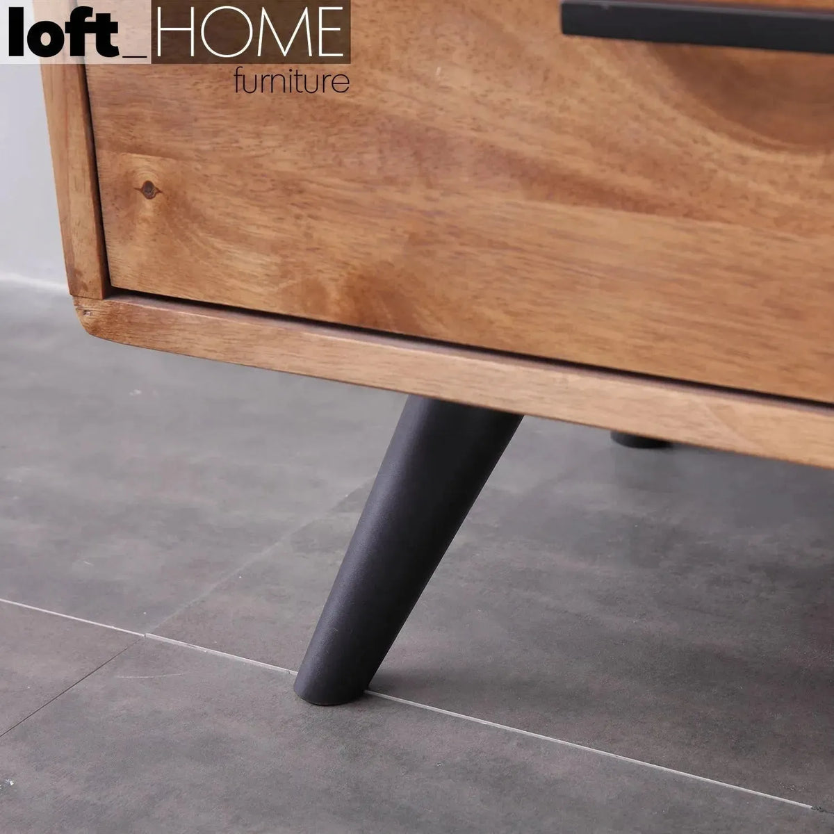 Industrial rubber wood side cabinet serb in close up details.