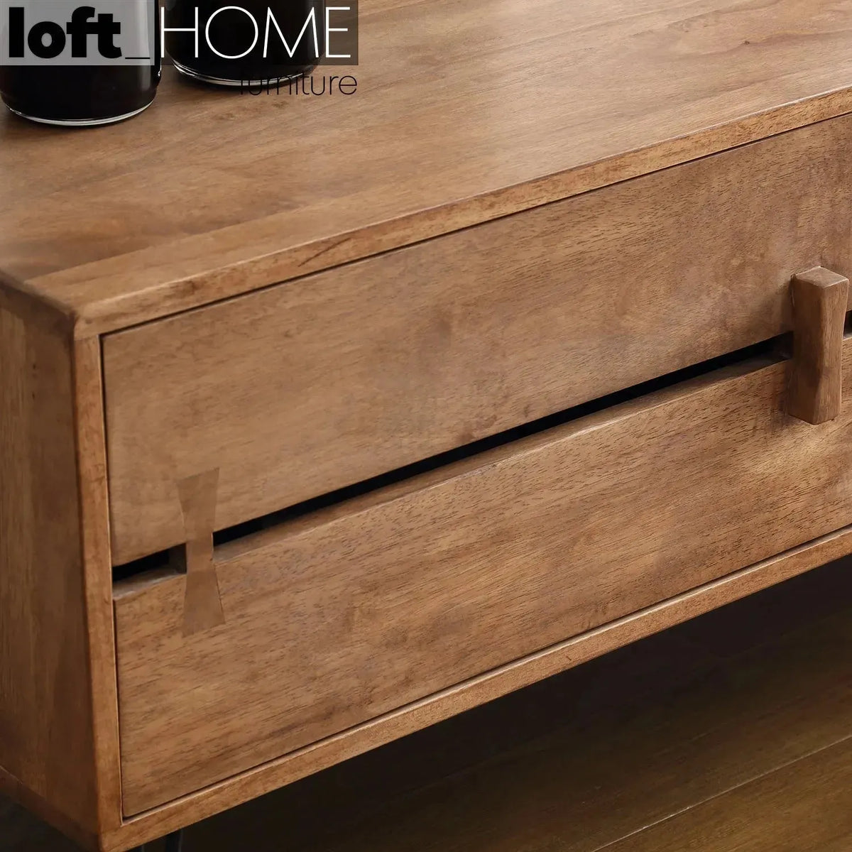 Industrial rubber wood tv console dovetail in close up details.