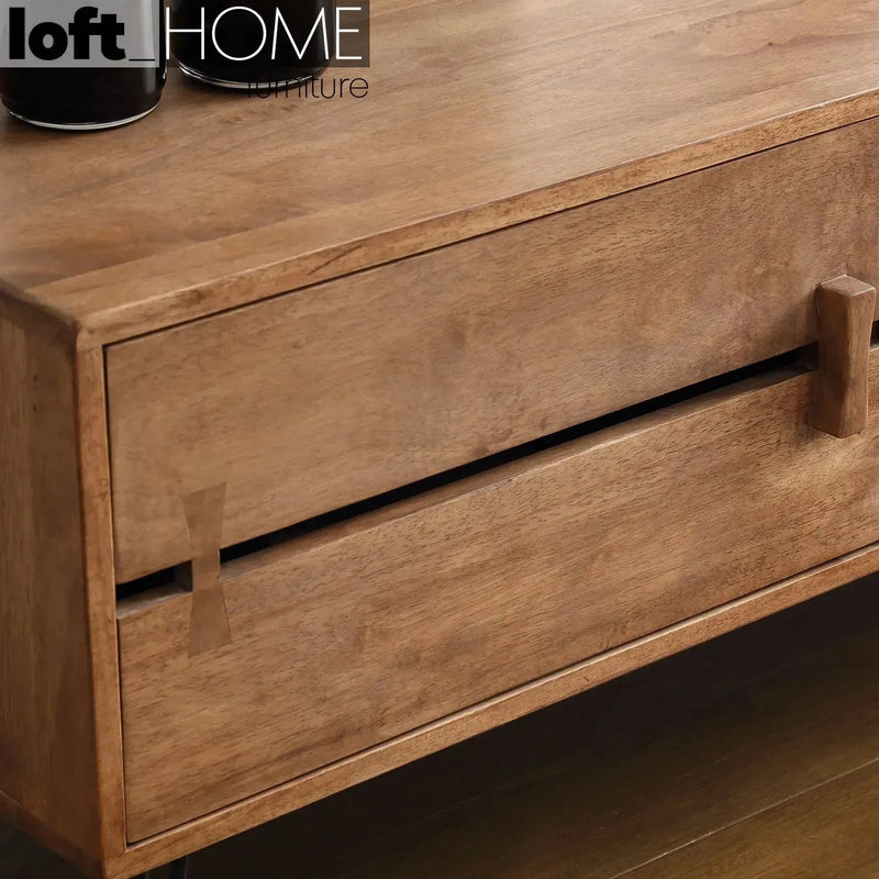 Industrial rubber wood tv console dovetail in close up details.