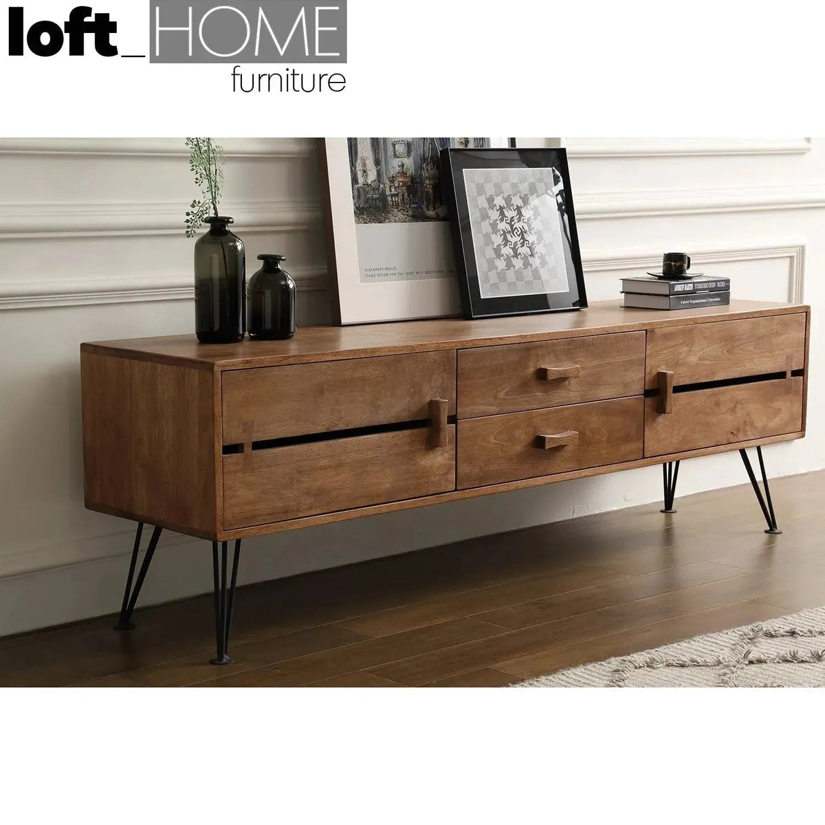 Industrial rubber wood tv console dovetail in panoramic view.