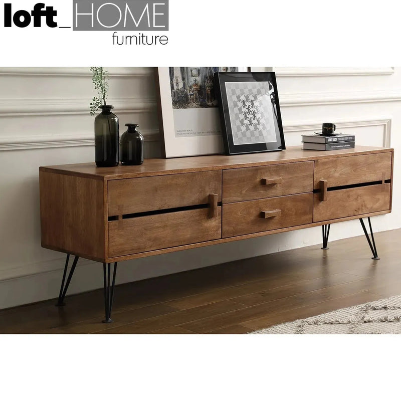 Industrial rubber wood tv console dovetail in panoramic view.