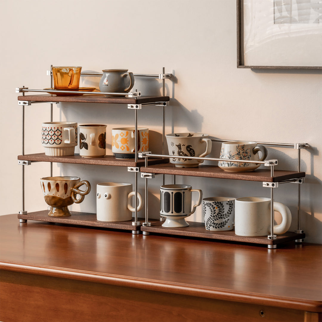 Vintage sapele wood stainless steel shelf packer in close up details.