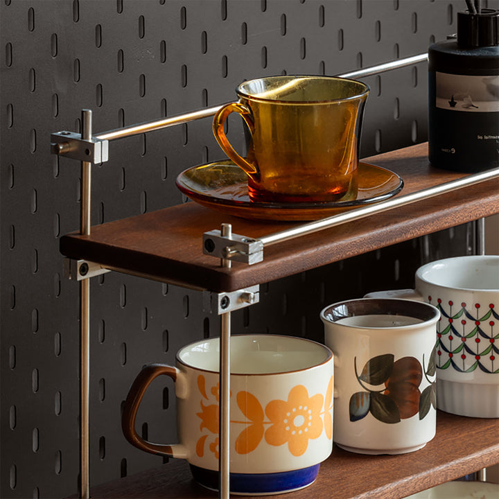 Vintage sapele wood stainless steel shelf packer size charts.